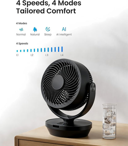 Air Circulator Fan for Bedroom, 13" Table Fan with 90° Oscillating & 120° Tilt, 60Ft Strong Airflow, Quiet 25Db Electric Desk Fan with 4 Speeds, 4 Modes & 12H Timer