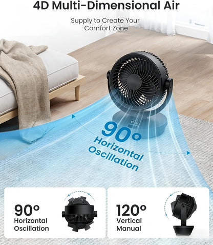 Air Circulator Fan for Bedroom, 13" Table Fan with 90° Oscillating & 120° Tilt, 60Ft Strong Airflow, Quiet 25Db Electric Desk Fan with 4 Speeds, 4 Modes & 12H Timer