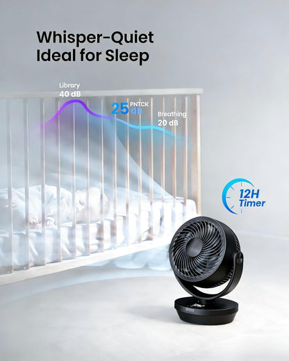 Air Circulator Fan for Bedroom, 13" Table Fan with 90° Oscillating & 120° Tilt, 60Ft Strong Airflow, Quiet 25Db Electric Desk Fan with 4 Speeds, 4 Modes & 12H Timer